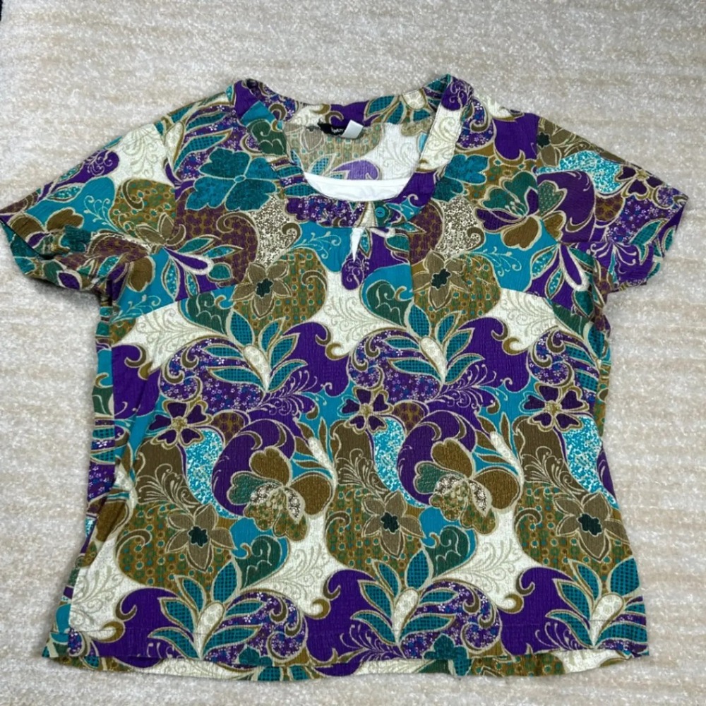 Krazy Kat Womens Plus 18/20 Paisley Floral Short Sleeve Split Neck Blouse Top